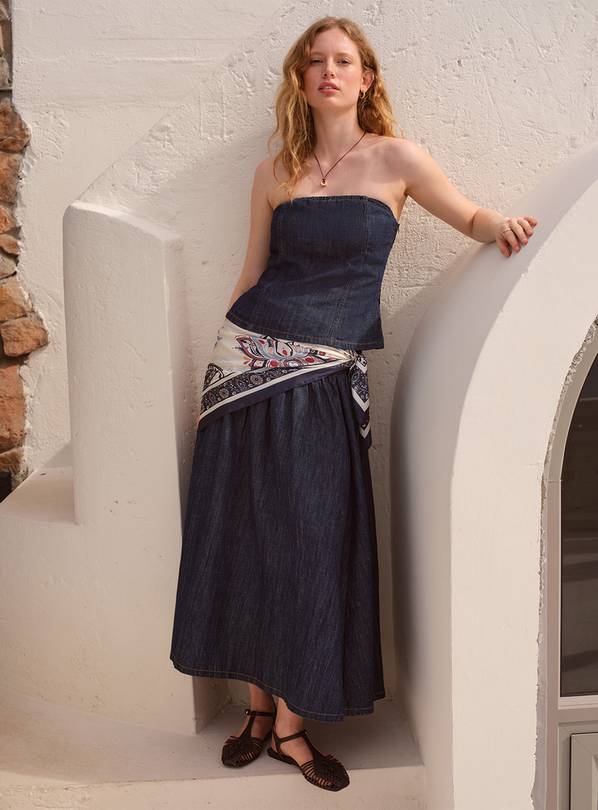 Dark Denim Linen Blend Shirred Full Skirt 10